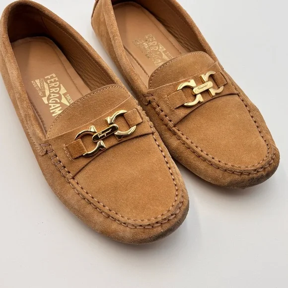 Salvatore Ferragamo Gancini Suede Driving Loafers Tan Gold - Picture 3 of 9